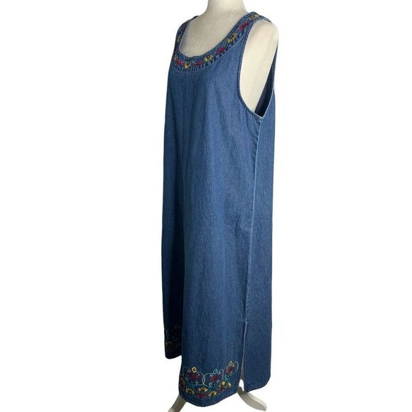 Vintage 90s Denim Pinafore Maxi Dress XL Med Wash Embroidered Studded Pullover - Picture 3 of 6